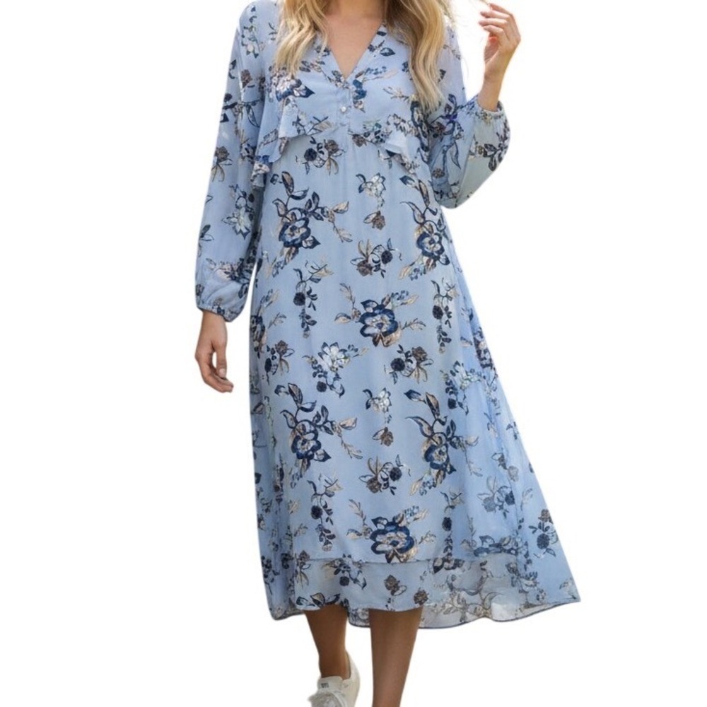 White House Black Market Dress Womens L Blue Floral Ruffle Midi Tiered